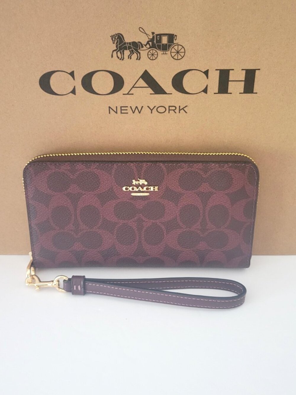 Coach CW778 Long Zip Around Wallet Signature Canvas Wristlet Black Currant